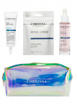 Chameleon AQUA COMBO Christina – Набор для увлажнения кожи с косметичкой Christina «Хамелеон»Line Repair Hydra Theraskin Ha – Регенерирующие увлажняющие капли с гиалуроновой кислотой «Тераскин» - 30мл   Line Repair Hydra Ha Eye & Neck Serum – Сыворо - Косметика, парфюмерия